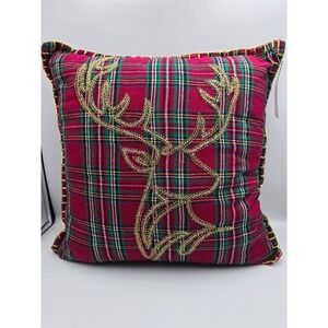 Biltmore Christmas Pillow Red Plaid Deer Antler Beaded Decorative 18x18
Set of 2